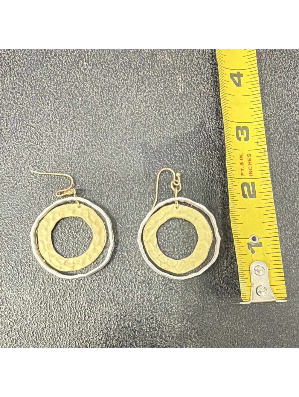 Modern Two Tone Hammered Circle Dangle Earrings Gold & Silver Tone Geometric